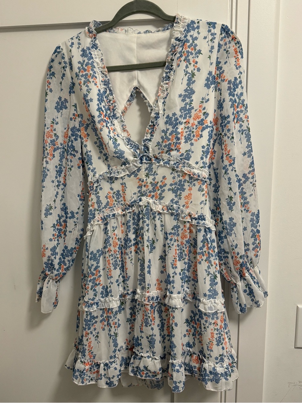 Floral Ruffle Tiered Mini Dress - Blue & Orange on White